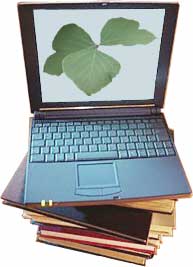 Laptop perched on stack of books